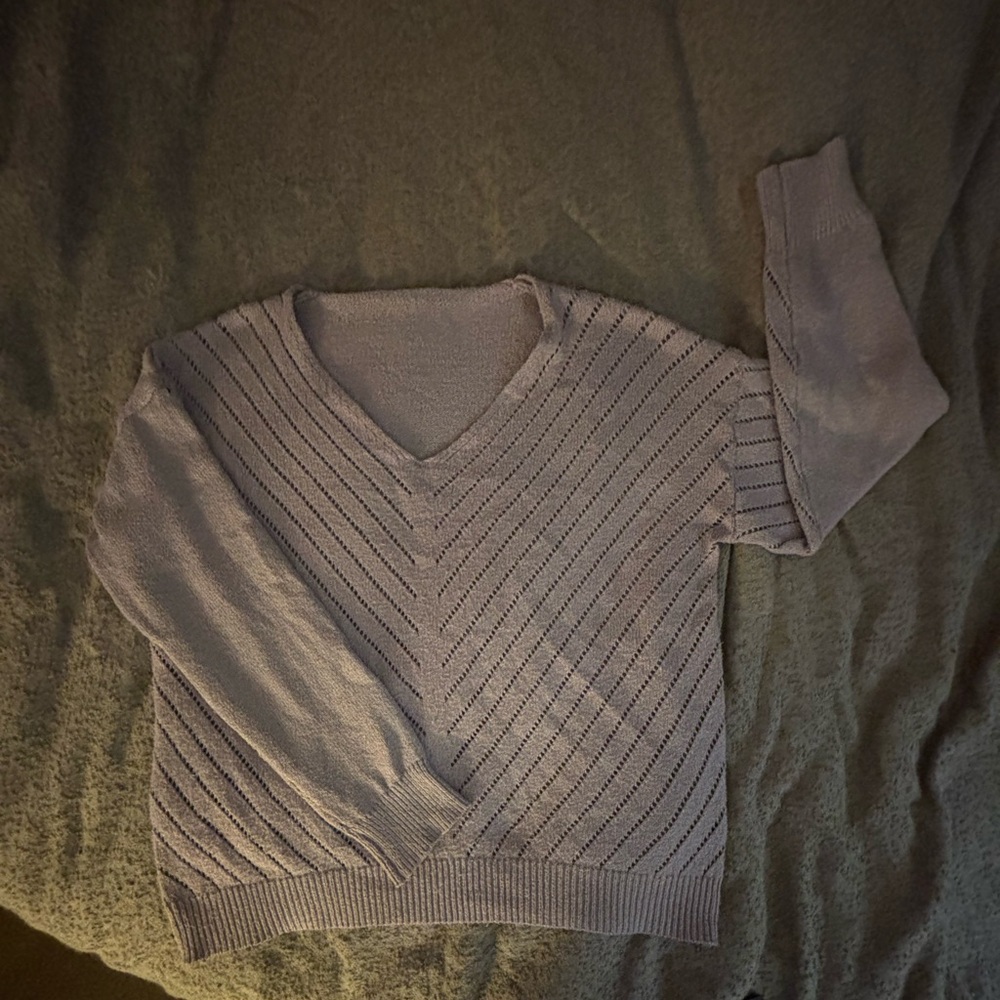 SHEIN Light Lavender V-Neck Eyelet Knit Sweater